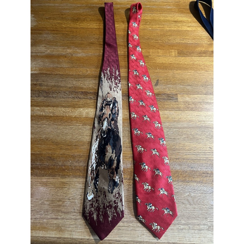 Lot of‎ 2 Vintage 100% Silk Maroon Red Horse Racing Derby Jockey Print Necktie